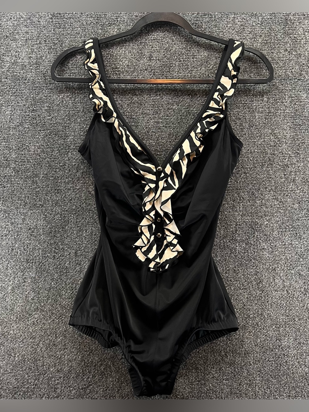 Rose Marie Reid One Piece Swimsuit Sz 12 Black/Cream Animal Print Trim Classic‎